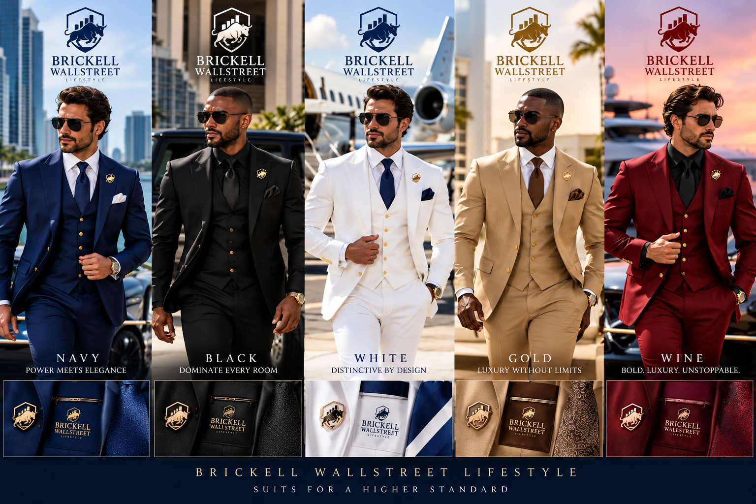 Brickell Wallstreet Lifestyle luxury suits in Navy, Black, White, Gold and Wine