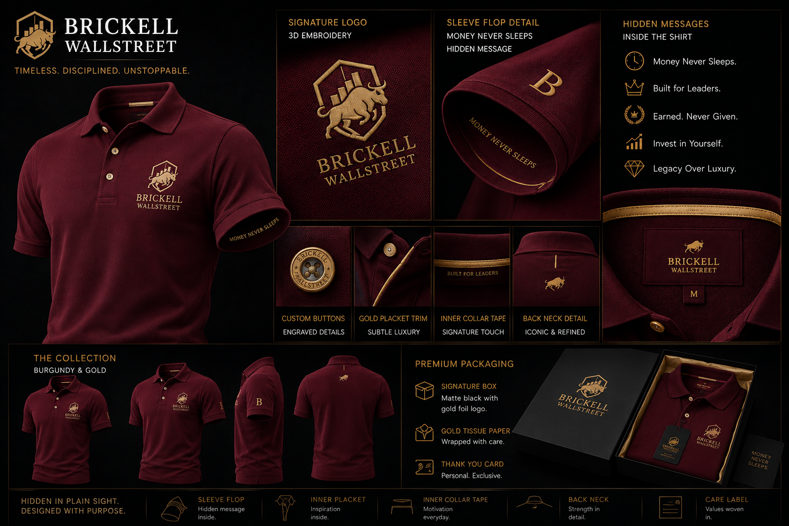 Brickell Wallstreet Burgundy & Gold polo collection details